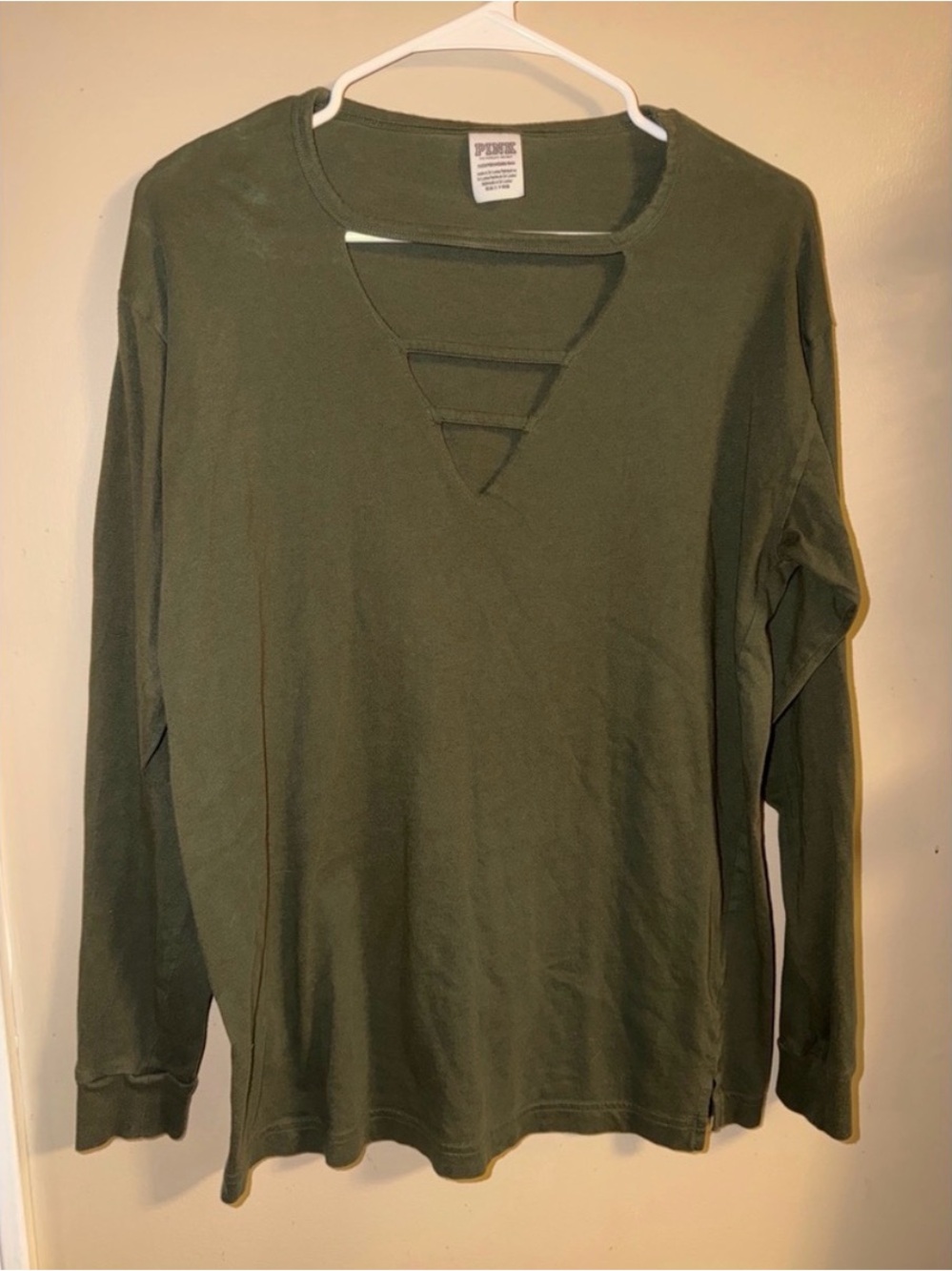 PINK Victoria's Secret Olive Green Long Sleeve Top with V-Cut Strap